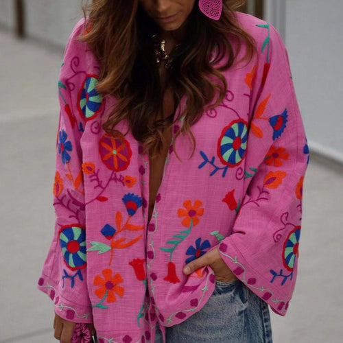 Damen Oversize Leichte Baumwoll-Cardiganjacke mit farbenfroher Blumenstickerei Nord Taschen