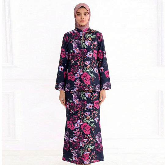 Damen Zweiteiliges Modest-Set aus Tunika mit Stehkragen und geradem Maxirock mit Blumenprint Nord Taschen