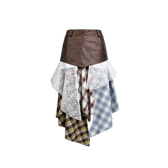 Damen Asymmetrischer Lagenrock mit Kunstlederbund und Karomix Nord Taschen
