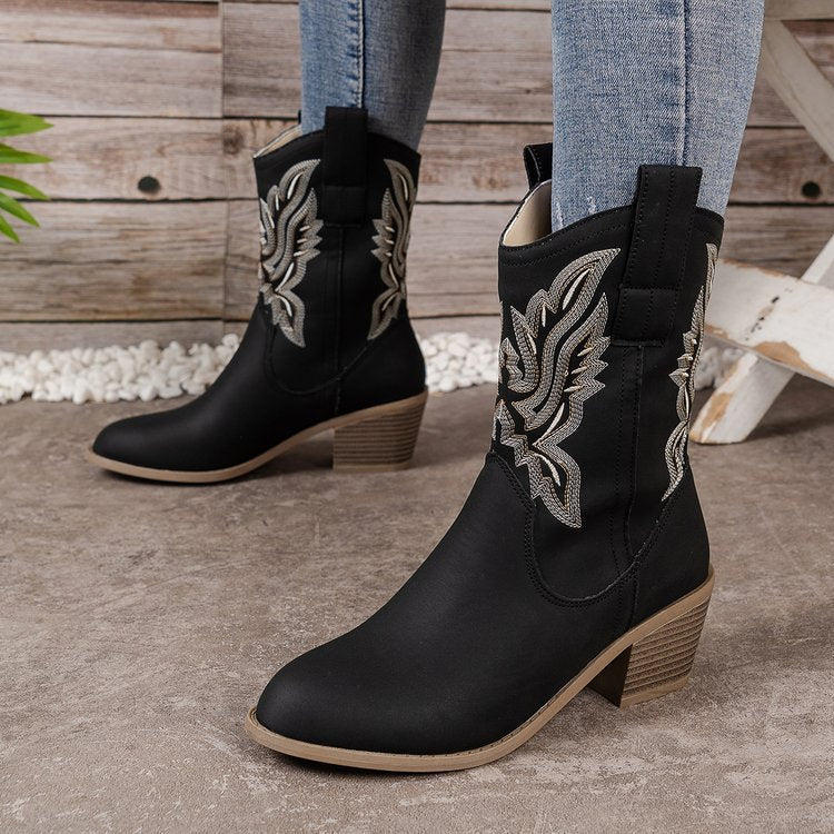 Damen Western-Boots im Vintage-Stil mit Stickerei, Schlupfprofil und leichtem Blockabsatz Nord Taschen