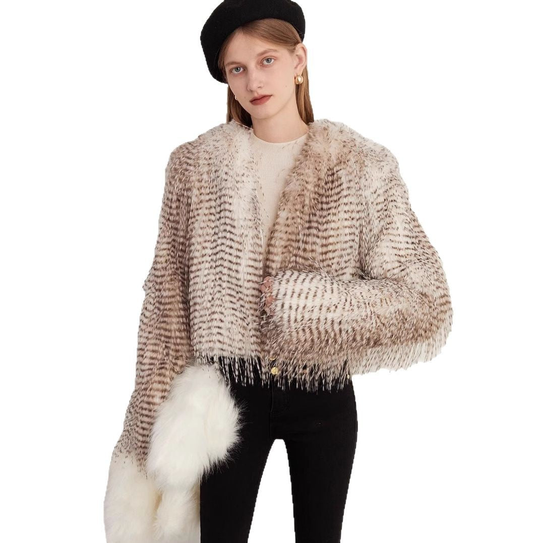 Damen Kurzer Plüsch‑Bolero mit gestreifter Federnoptik und kastiger Silhouette Nord Taschen