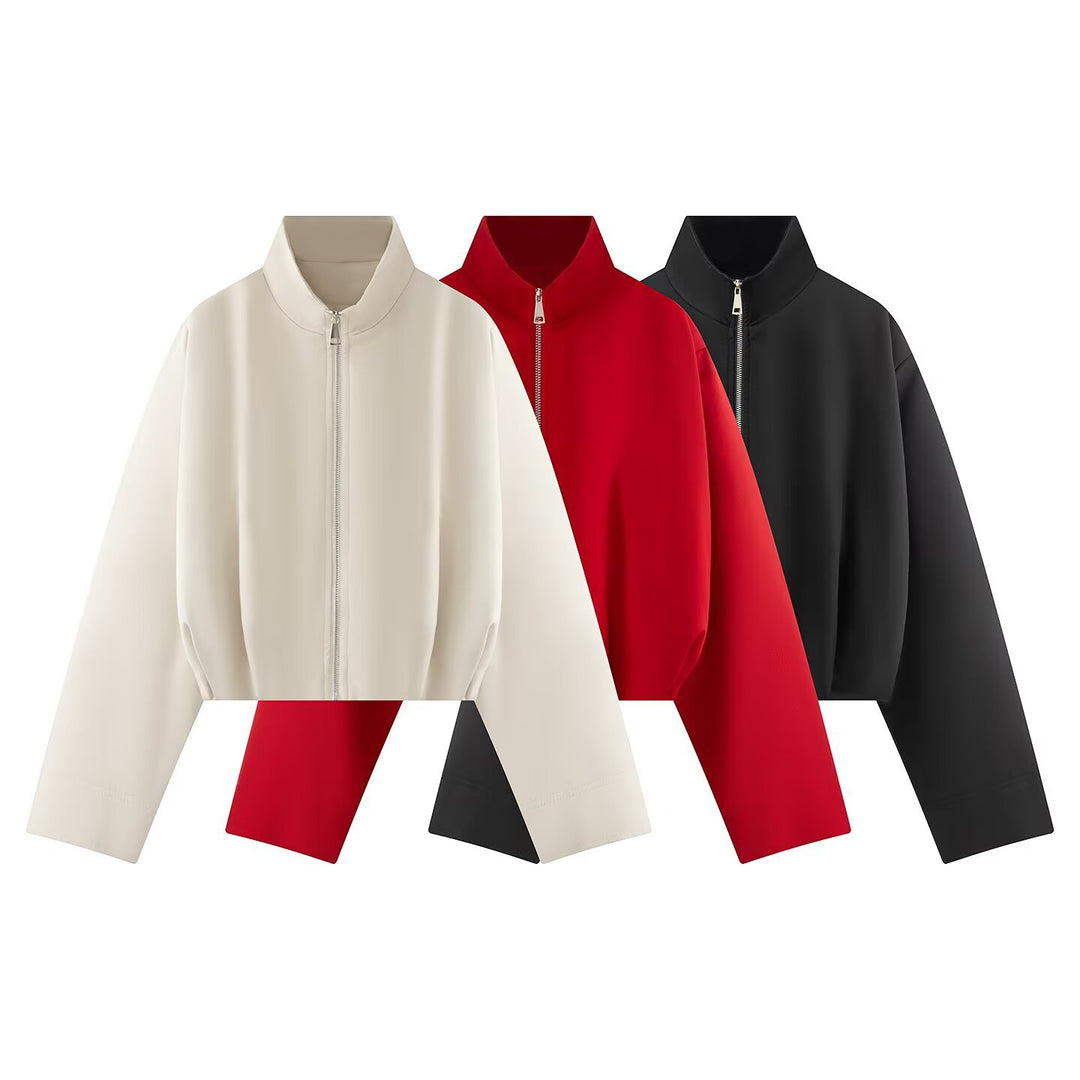 Damen Cropped schmal taillierte Blousonjacke mit Stehkragen und cleanem Schnitt Nord Taschen