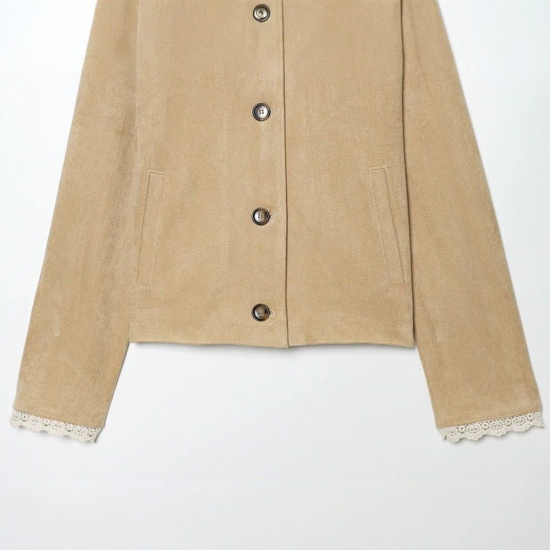 Damen Cropped-Veloursjacke mit Spitzkragen und Spitzenmanschetten Nord Taschen