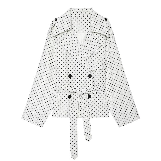 Damen Gepunkteter kurzgeschnittener Trenchcoat mit Taillengürtel und doppelreihiger Knopfleiste Nord Taschen