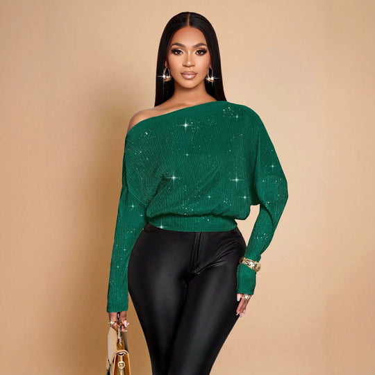 Damen Überschnittener Rippstrick-Pullover mit One-Shoulder und tailliertem Bündchen Nord Taschen
