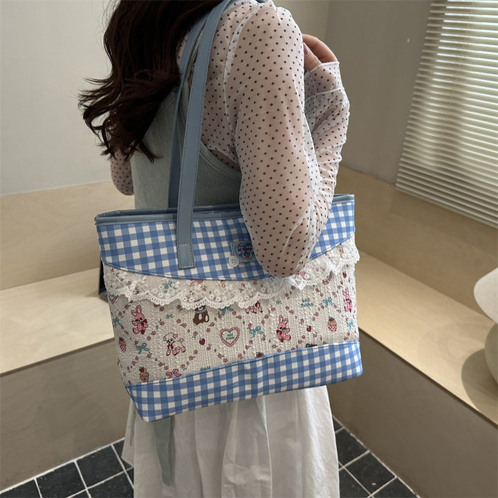 Damen Shopper-Tasche mit romantischem Karomuster und zarten Spitzendetails Nord Taschen