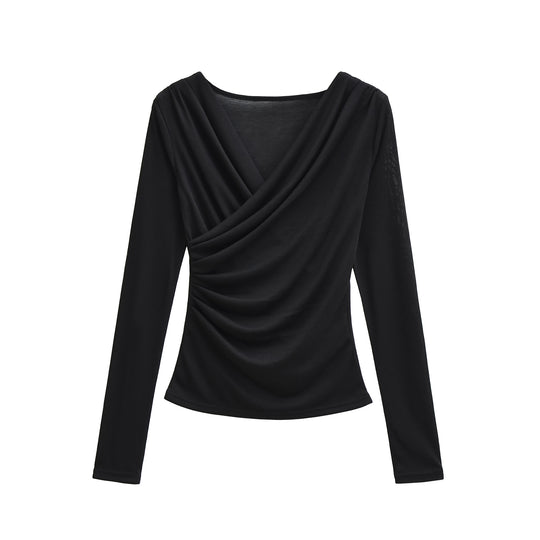 Damen Drapiertes Longsleeve mit V-Ausschnitt und seitlicher Raffung Nord Taschen