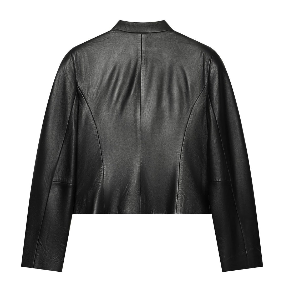 Damen Cropped Kunstlederjacke im Mandarin Militärestik mit Zierkordeln und Stehkragen Nord Taschen