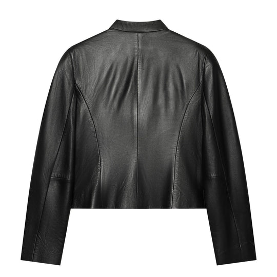 Damen Cropped Kunstlederjacke im Mandarin Militärestik mit Zierkordeln und Stehkragen Nord Taschen