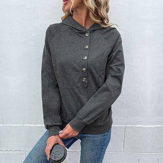 Damen Kapuzenpullover mit Zierknopfleiste, Raglanärmeln und Kängurutasche Nord Taschen