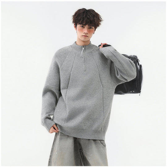 Herren Strick-Halbzip-Pullover mit Stehkragen und strukturierten Rippdetails Nord Taschen