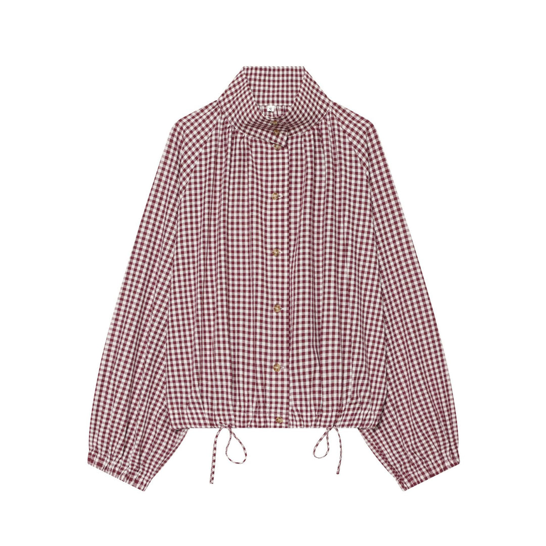 Damen Karierte Cropped‑Bluse mit Stehkragen, Tunnelzugsaum und Ballonärmeln Nord Taschen