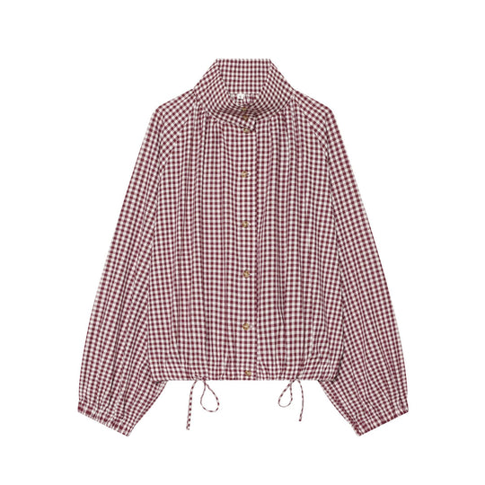 Damen Karierte Cropped‑Bluse mit Stehkragen, Tunnelzugsaum und Ballonärmeln Nord Taschen