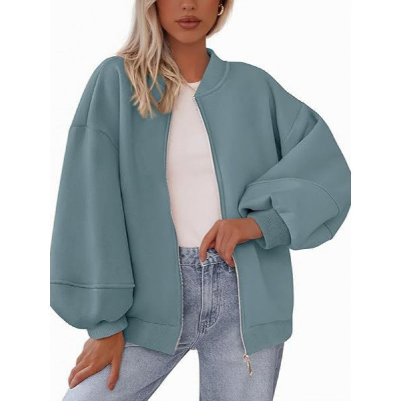 Damen lässige Oversized-Jacke mit Reißverschluss und ballonen Ärmeln