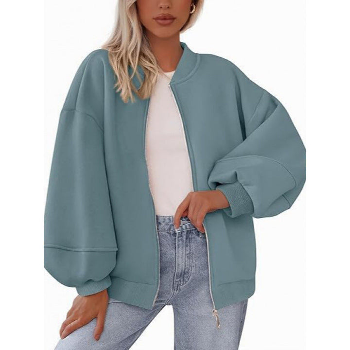 Damen lässige Oversized-Jacke mit Reißverschluss und ballonen Ärmeln
