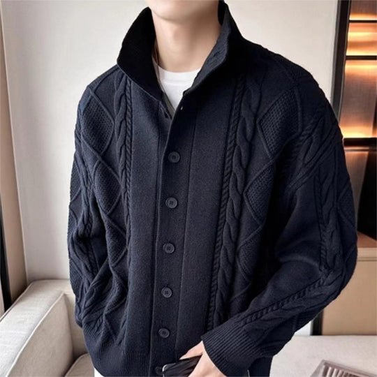 Herren Lockere Strick-Cardigan mit hohem Stehkragen und Zopfmuster Nord Taschen