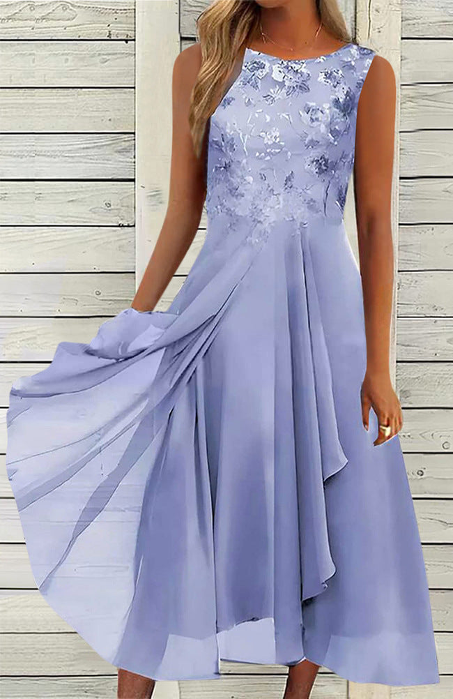 Damen nan ärmelloses Chiffon-Midikleid mit bestickter Brustpartie und asymmetrischem Lagenrock - Arvani