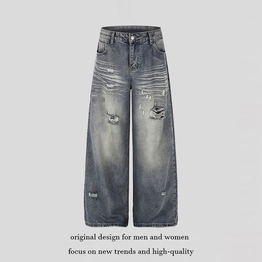 Damen Weite Destroyed Denim-Culotte-Jeans mit hoher Taille und Used-Effekt Nord Taschen
