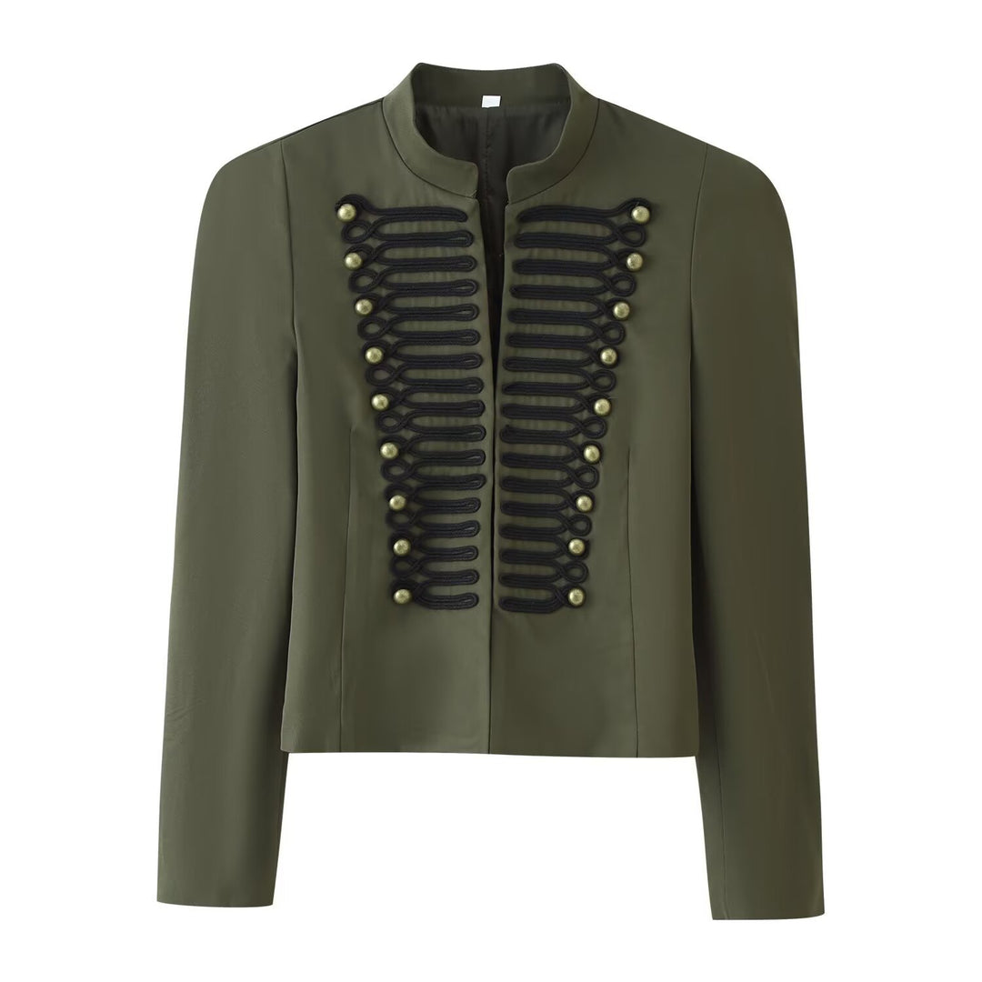Damen Cropped‑Blazer im Militärstil mit Stehkragen und Zierkordierungen Nord Taschen