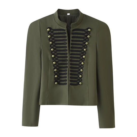 Damen Cropped‑Blazer im Militärstil mit Stehkragen und Zierkordierungen Nord Taschen