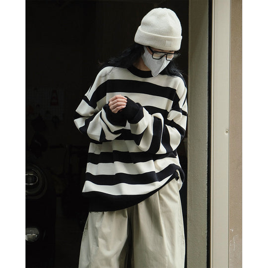 Damen Oversized Baumwollmix-Strickpullover mit breiten Blockstreifen und überschnittener Schulter Nord Taschen