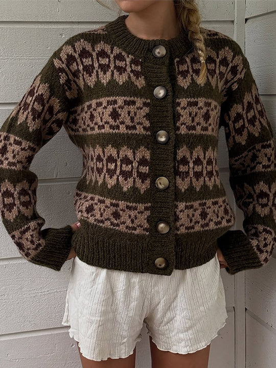 Damen Norwegermuster-Strickjacke mit Knopfleiste und geripptem Saum Nord Taschen
