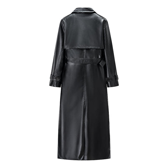 Damen Langer Trenchcoat aus Lederoptik mit Bindegürtel und Epauletten Nord Taschen