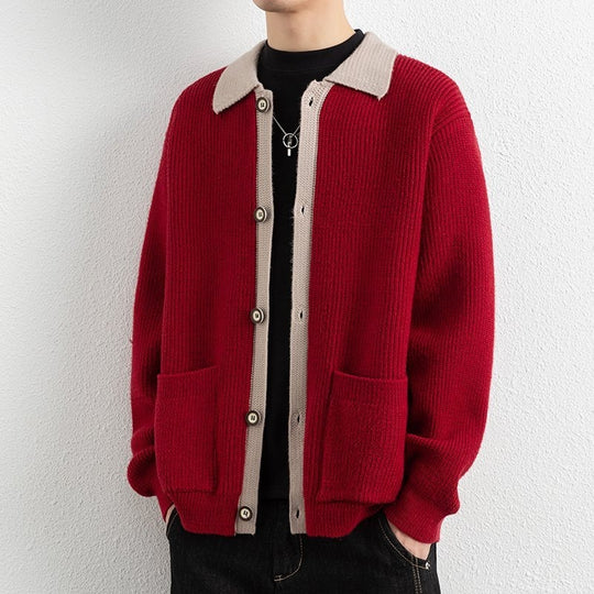 Herren Kontrastkragen-Strickjacke mit durchgehender Knopfleiste und aufgesetzten Taschen Nord Taschen