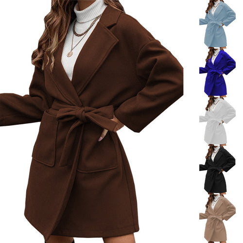 Damen Wickel-Mantel mit Bindegürtel, großer Klappentasche und Reverskragen Nord Taschen