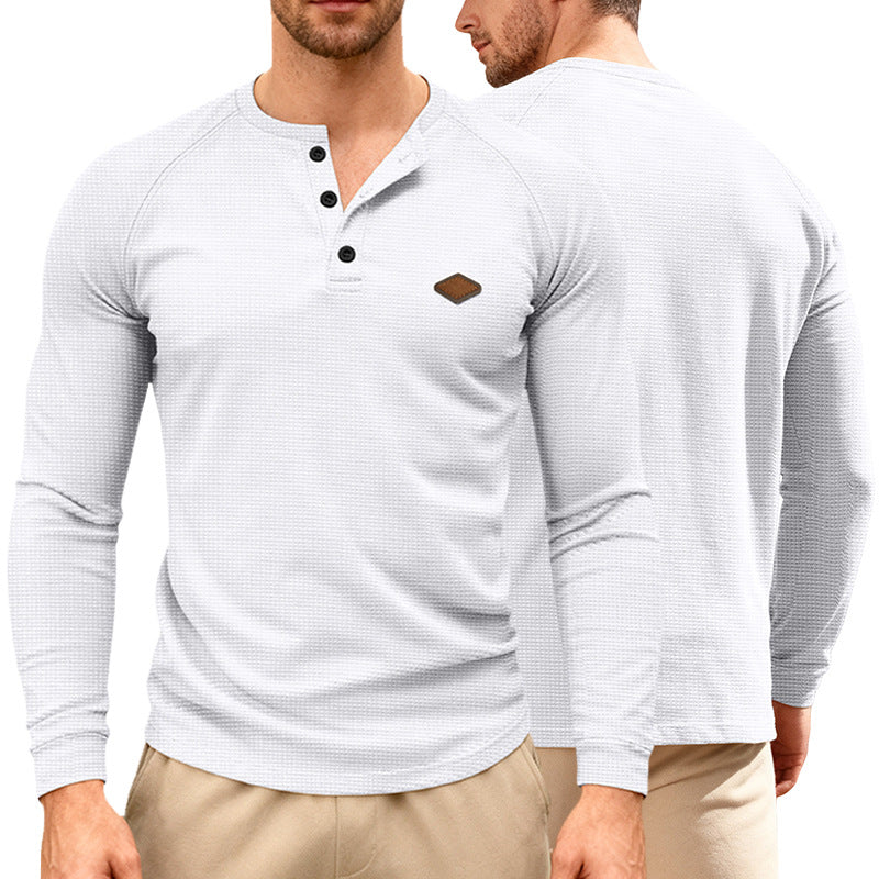 Herren nan Waffelstrick-Henley Langarmshirt mit Raglanärmeln, Halbknopfleiste und Lederlabel Nord Taschen