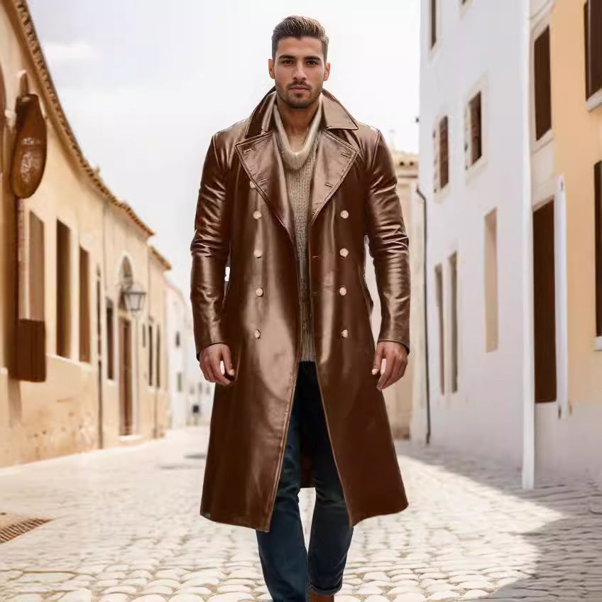 Herren Langer glänzender Kunstleder-Trenchcoat mit Doppelreiher und markantem Revers Nord Taschen
