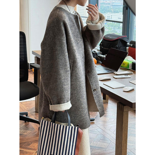 Damen Oversized Wollmix-Mantel mit Knopfleiste und umschlagbaren Teddy-Bündchen Nord Taschen