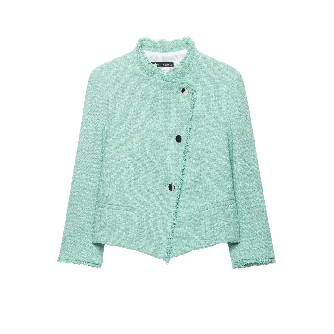 Damen Kurz geschnittene Bouclé-Tweedjacke mit Fransenbesatz und asymmetrischer Knopfleiste Nord Taschen