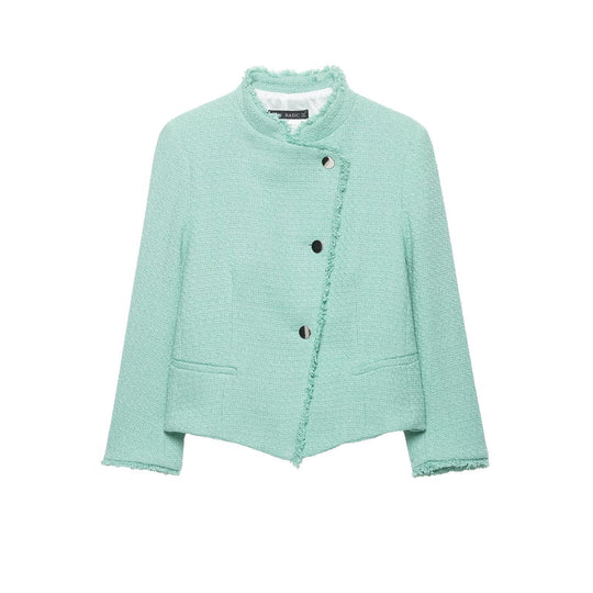 Damen Kurz geschnittene Bouclé-Tweedjacke mit Fransenbesatz und asymmetrischer Knopfleiste Nord Taschen