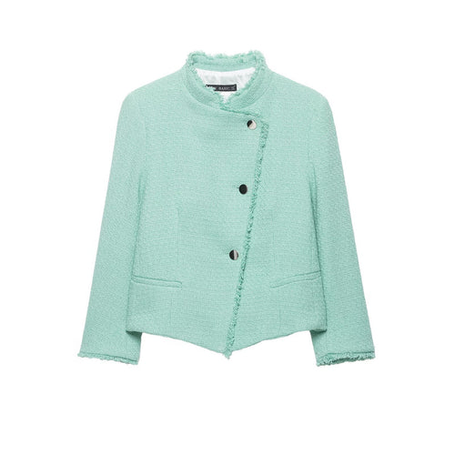Damen Kurz geschnittene Bouclé-Tweedjacke mit Fransenbesatz und asymmetrischer Knopfleiste Nord Taschen