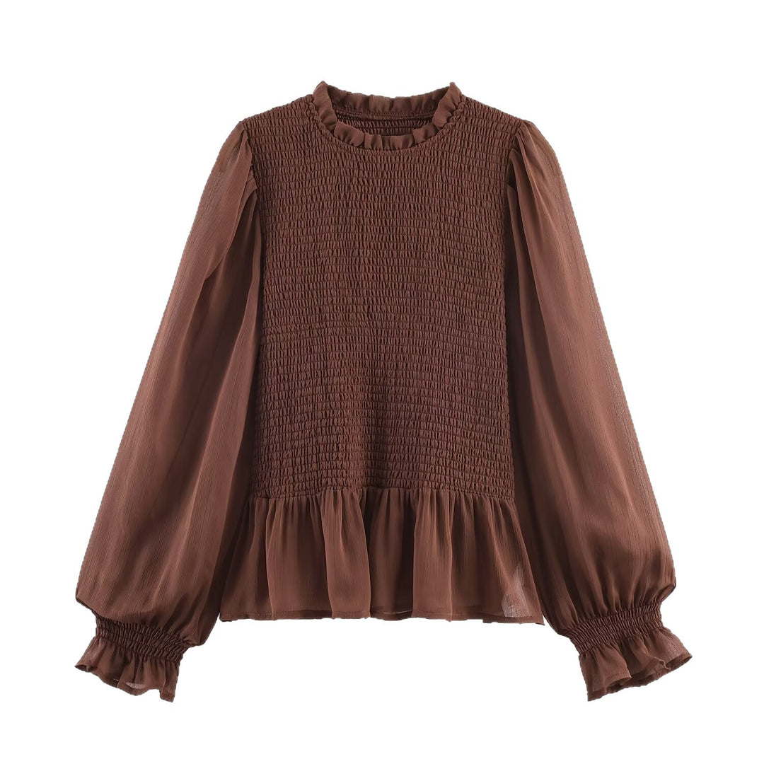 Damen Chiffonbluse mit Smokoberteil, voluminösen Ballonärmeln und Rüschenkragen Nord Taschen