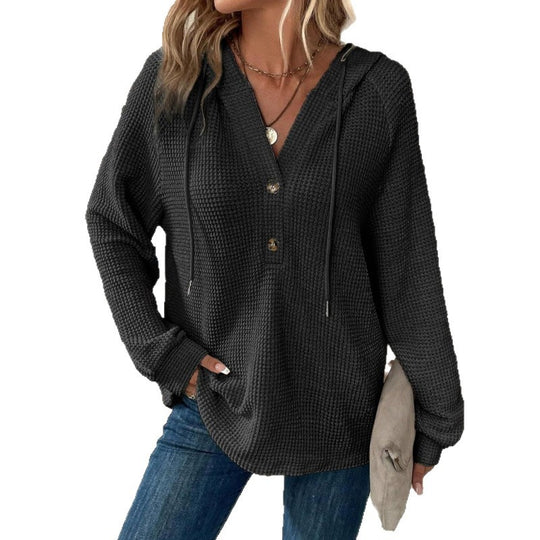 Damen Waffelstrick-Hoodie mit Henley-Knopfleiste und Oversize-Schnitt Nord Taschen