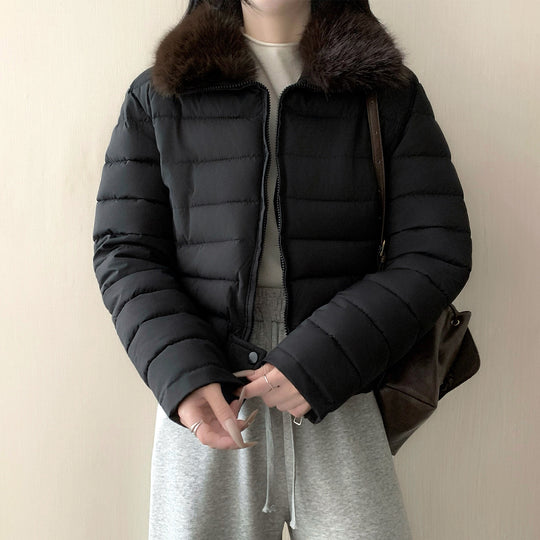 Damen nan kurze wattierte Taillenjacke mit abnehmbarem Kunstfellkragen und verstärktem Saum Nord Taschen