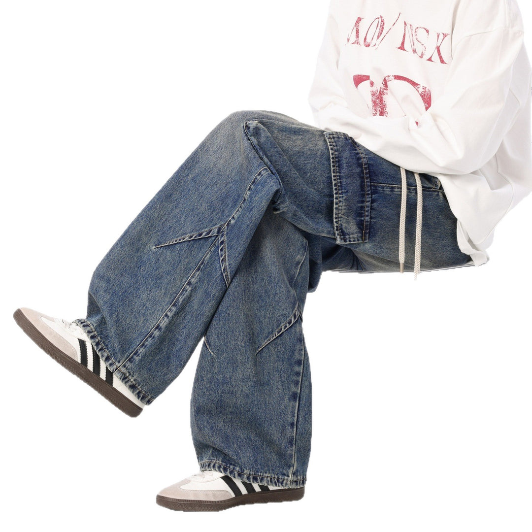 Herren Weite Cargo-Denimhose mit Tunnelzug, Used‑Waschung und Oversize‑Passform Nord Taschen