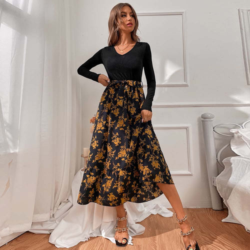 Damen figurbetontes V-Neck-Longsleeve Oberteil mit voluminösem Midi-Rock im floralem Wickelstil Nord Taschen