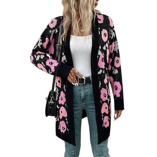 Damen Langer offener Strickcardigan mit Leo-Jacquardmuster und gerippten Säumen Nord Taschen