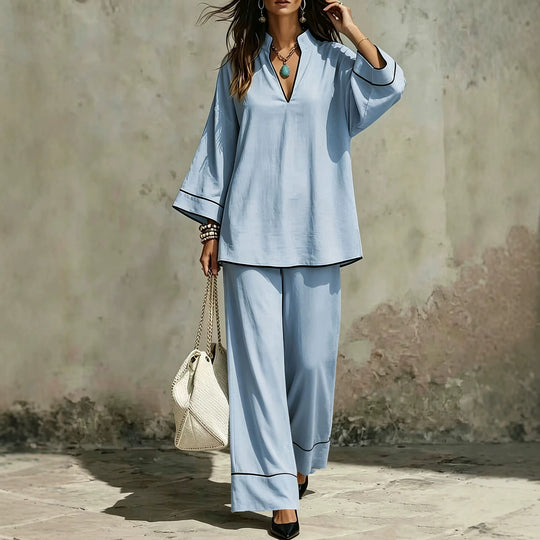 Damen Lässiges zweiteiliges Leinenoptik-Loungewear-Set mit Stehkragen, V-Ausschnitt und weitem Beinschnitt Nord Taschen