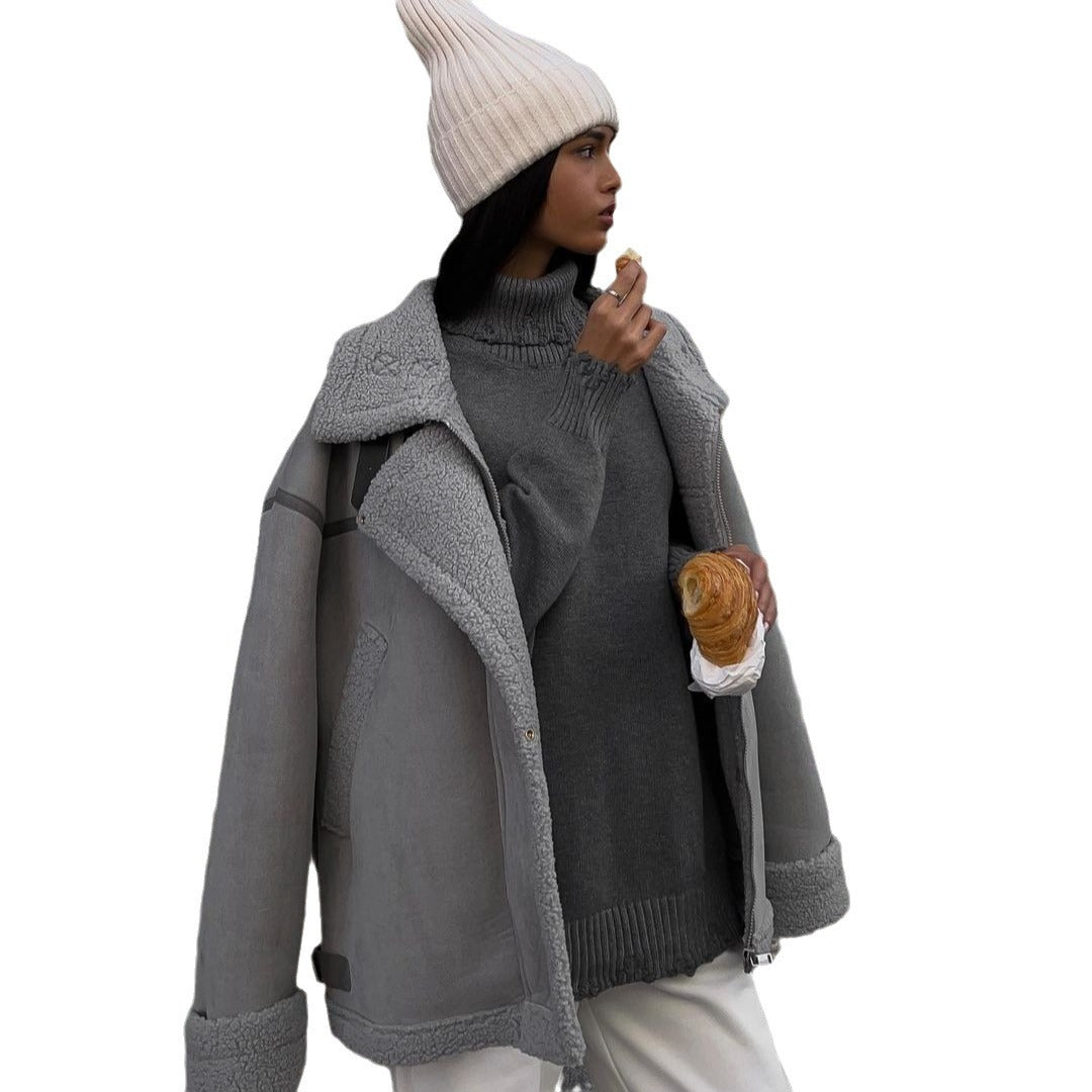 Damen Weit geschnittene Lammfellimitat-Fliegerjacke mit Kunstfellfutter Nord Taschen
