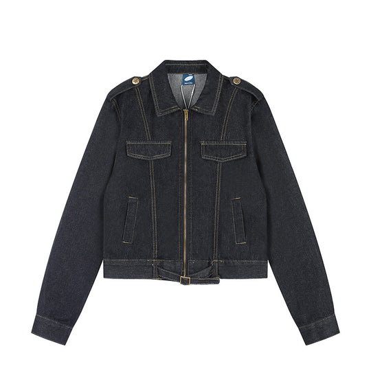 Damen Kurz geschnittene Jeansjacke mit Schulterklappen, Reißverschluss und Taillengürtel Nord Taschen
