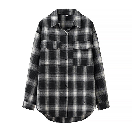 Damen Oversize‑Karo‑Hemdbluse mit aufgesetzten Brusttaschen und abgerundetem Saum Nord Taschen