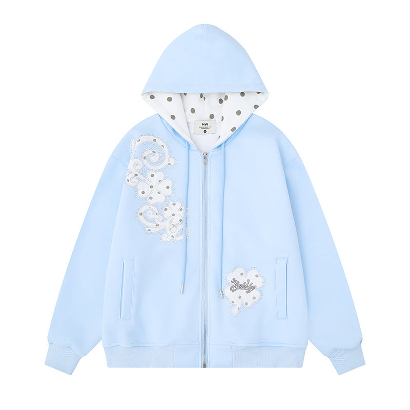 Damen Kapuzen-Sweatjacke mit durchgehendem Reißverschluss, gepunktetem Innenfutter und dekorativen Applikationen Nord Taschen