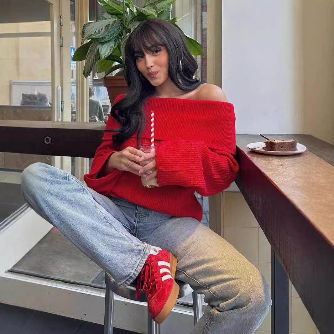 Damen Grobstrick-Oversize-Pullover mit weitem Umschlagkragen Nord Taschen