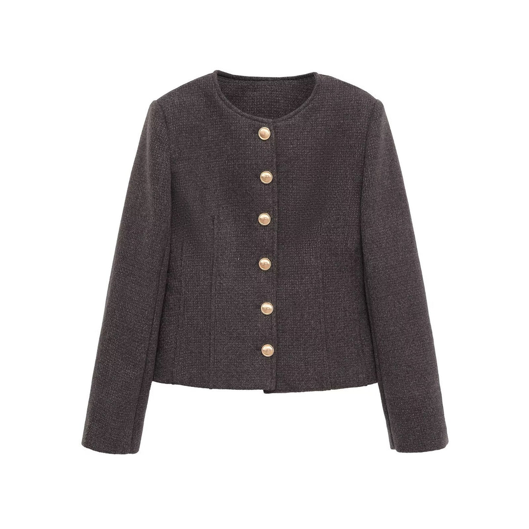 Damen Kurzblazer aus Bouclé mit Rundhals und goldenen Zierknöpfen Nord Taschen