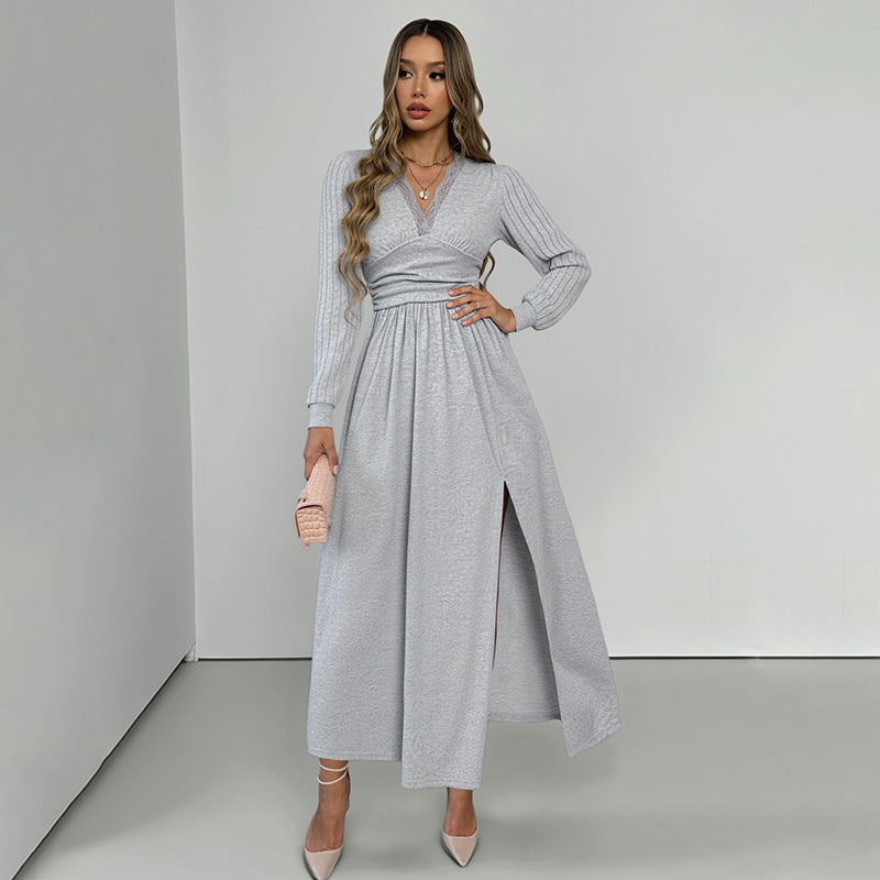 Damen Elegantes Wickel‑Maxikleid mit Spitzenbesatz, tailliertem Knotenbund und hohem Beinschlitz Nord Taschen