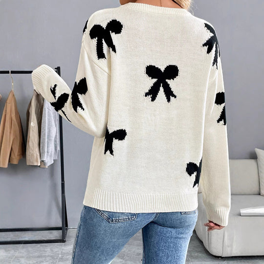 Damen Gestrickter Rundhals-Pullover mit Schleifen-Jacquard und relaxed Fit Nord Taschen